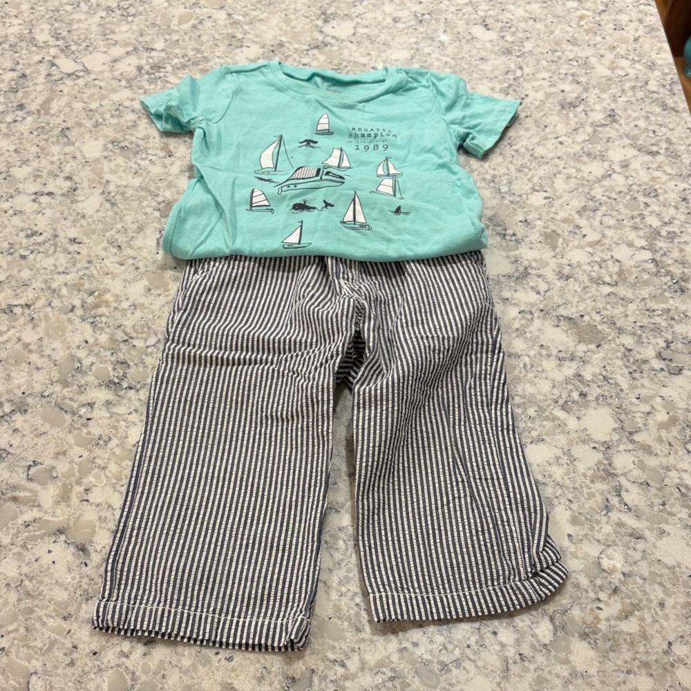 Teal Graphic Tee and Striped Pants Set
